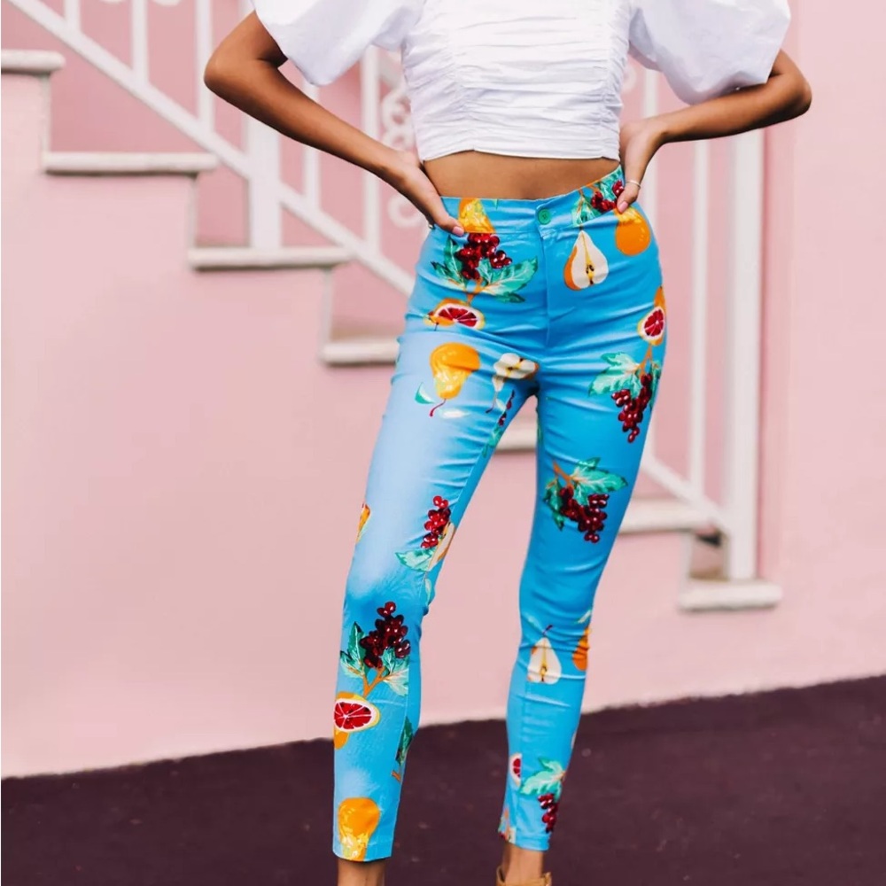 Urban Outfitters Sky Blue Pants Fruit Print Tropical Island High Waist Whimsical